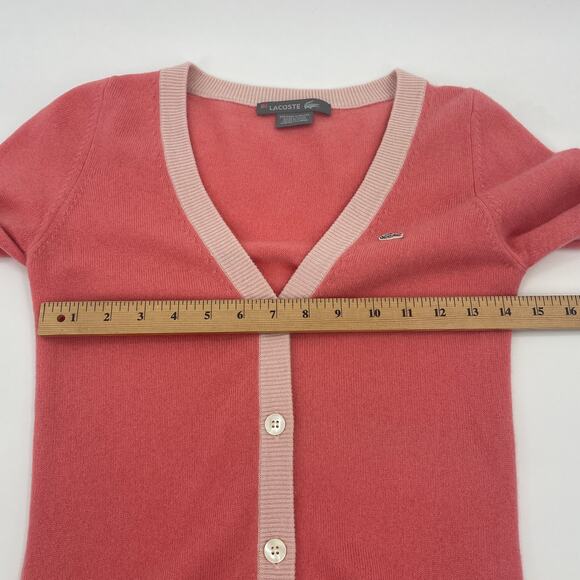 LACOSTE Cashmere Cardigan Womens Size 34 / US Size 2 Pink Preppy V-Neck Sweater - Picture 7 of 10